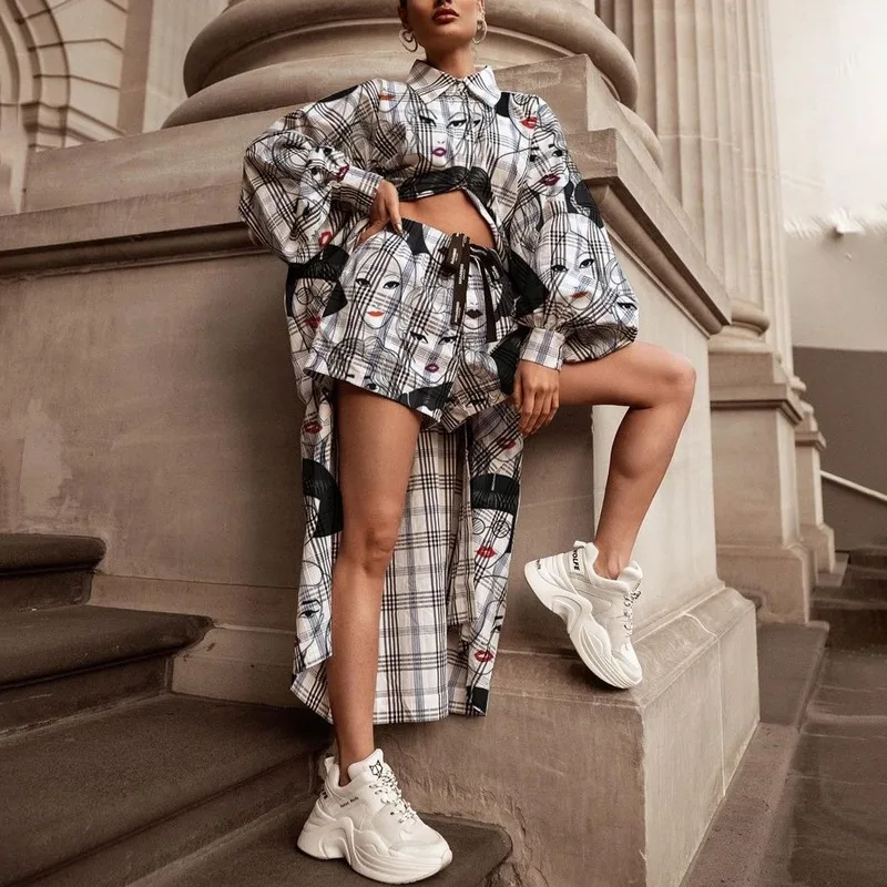 

Plaid Face Print Vintage Two Piece Set Women Matching Long Shirt Lantern Sleeve Casual Shorts High Street Girl Fall Brand Design