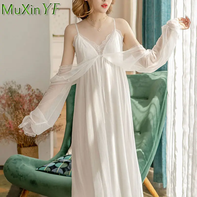 Summer Dress Women Sexy Lace Nightdress Pajamas Summer Long Can Drop Shoulders Two Wear Temptation Sleepwear Pijamas Homewear
