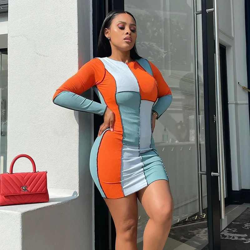 

Женское летнее платье в стиле пэчворк, модное облегающее мини-платье с длинным рукавом и круглым вырезом, одежда для улицы, наряды, 2021