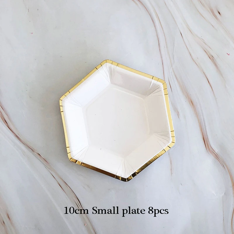 10cm Small 8pcs Белые одноразовые столовые приборы, вечерние, золотые, бумажные тарелки, стакан с соломинкой, для первого дня рождения, вечеринки, свадьбы, декор для детей, детские вечерние принадлежности - Цвет: 10cm Small 8pcs