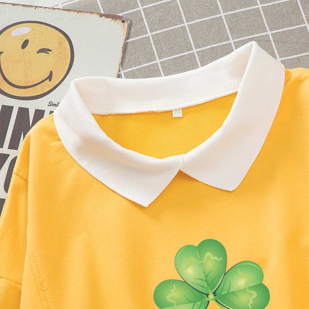 Cute for Friends Harajuku Hoodie Cotton Collar Autumn Sweatshirts Hoodies Women Plant Green Printed Sweetshirt St. Patrick's Day