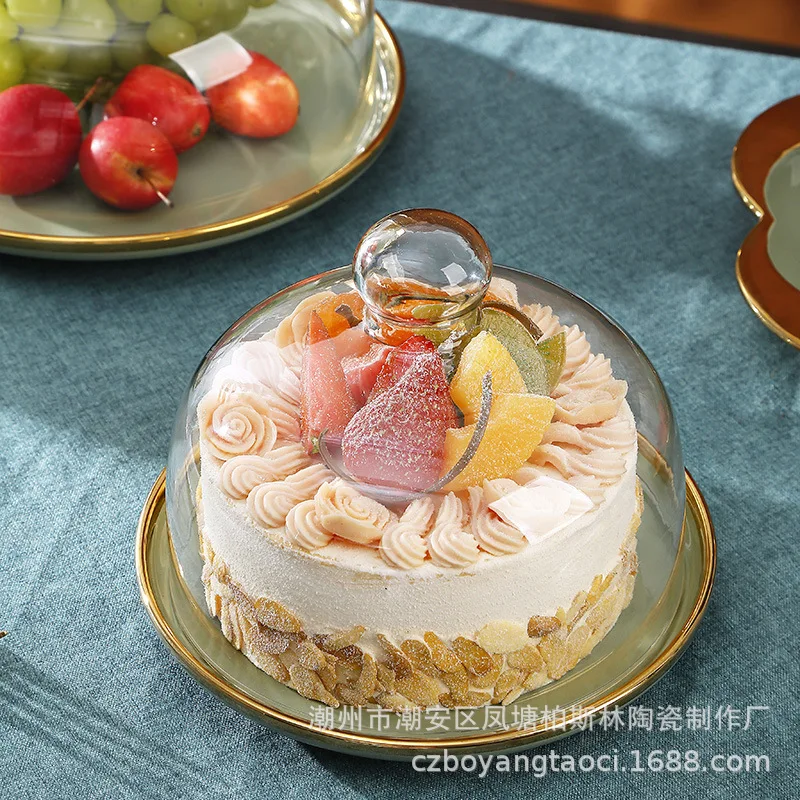 

Creative dessert plate, mousse plate, cake plate, ceramic fruit pastry tray with lid and glass cover, display plate dishes