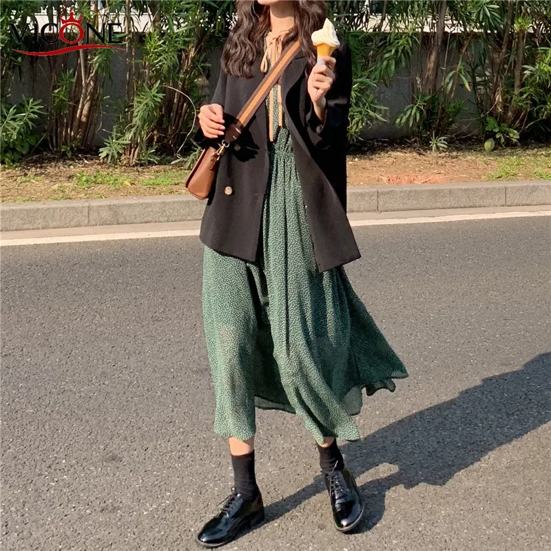 

VICONE Spring Green Wave Point with Long Sleeve Long Dress