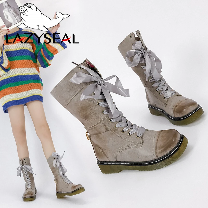 LazySeal/высокие сапоги на шнуровке с перекрестной шнуровкой Женская обувь кожаные байкерские мотоциклетные ботинки на платформе и квадратном каблуке в стиле милитари большие размеры 35-43