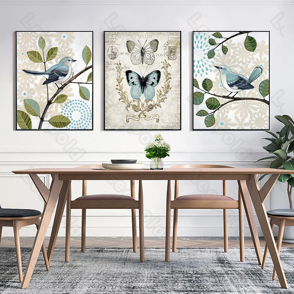 

Cartoon Style Mural Branch Bird Butterfly Frameless Poster Home Bedroom Fresco Living Room Decoration Canvas Painting Print