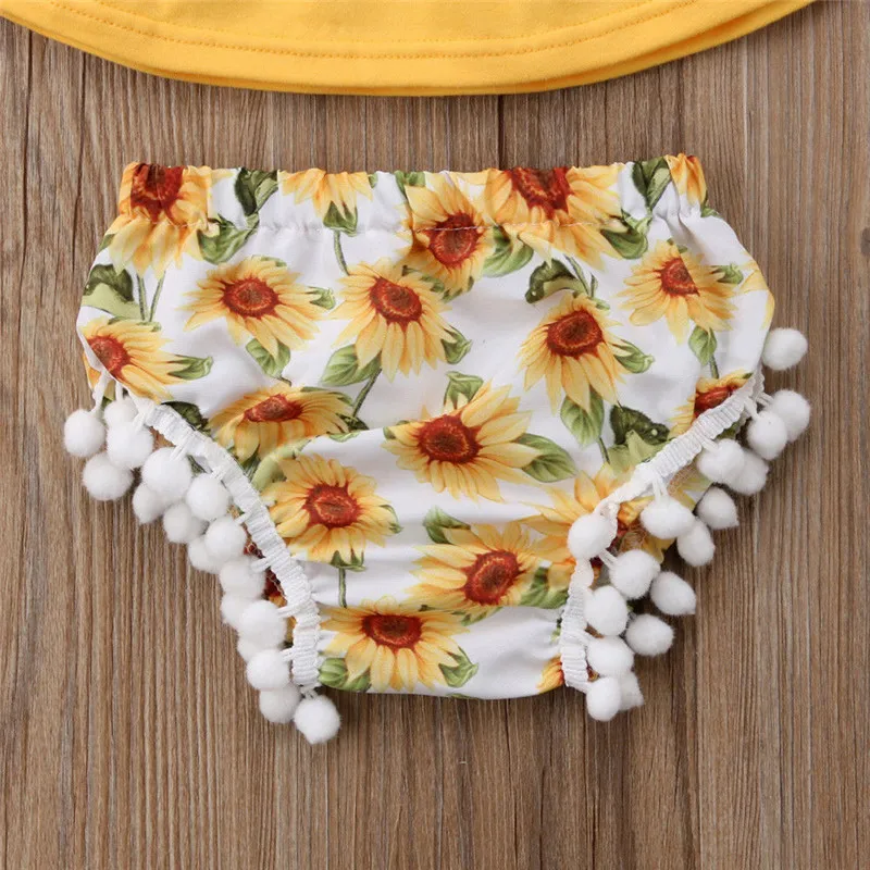 AA Newborn Kid Baby Girl 3pcs Clothes Shorts Headband Off Shouler Tops Outfit Baby Girl Fly Sleeve Printed Yellow Romper