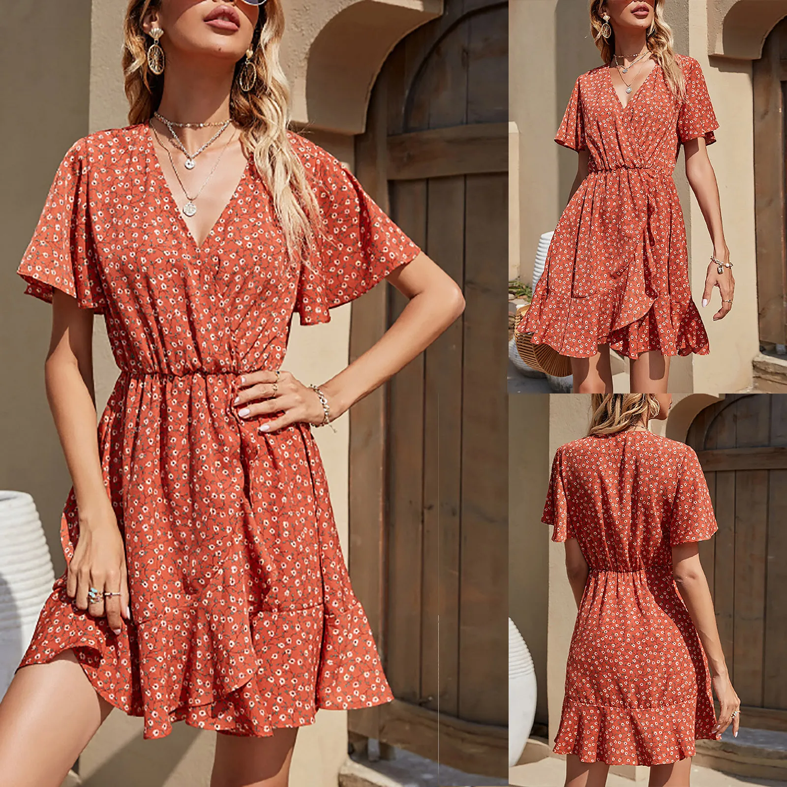 

Dresses For Women Printing V-neck Fashion Short Sleeve Draped Splicing Dress Ladies Summer Casual Dresses vestido de mujer