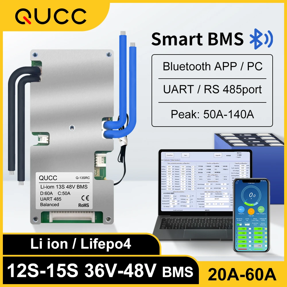 Qucc Smart BMS 48V 13S 14S 15S 12S 36V 20A 30A 40A 50A 60A Li ion Lifepo4 bms UART RS485 порт с балансом NTC Bluetooth