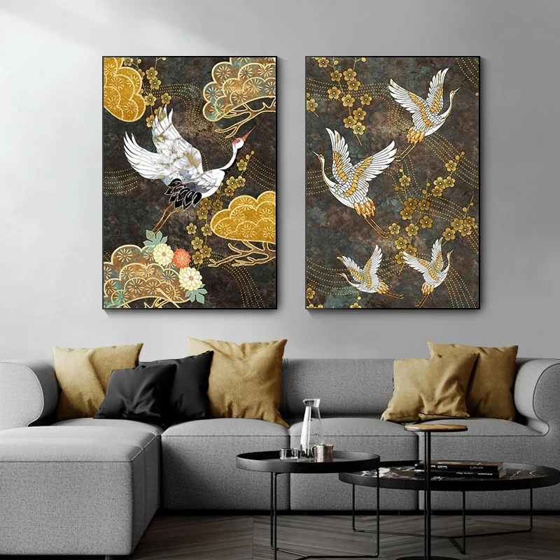 

DIY 5D Full Diamond Abstract Animal Retro Chinese Style Golden Flower Crane Diamond Painting Home Decoration Wall Picture