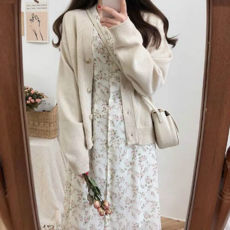 

Elegant V Neck Full Sleeve Dress Women Floral Print Sweet Chiffon Dresses Single Breasted Casual Fashion Vestido