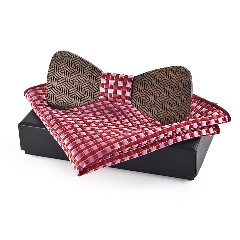 

Прямая поставка, набор деревянных закругленных галстуков-бабочек, Красный клетчатый платок ручной работы, Ореховый деревянный галстук-баб...