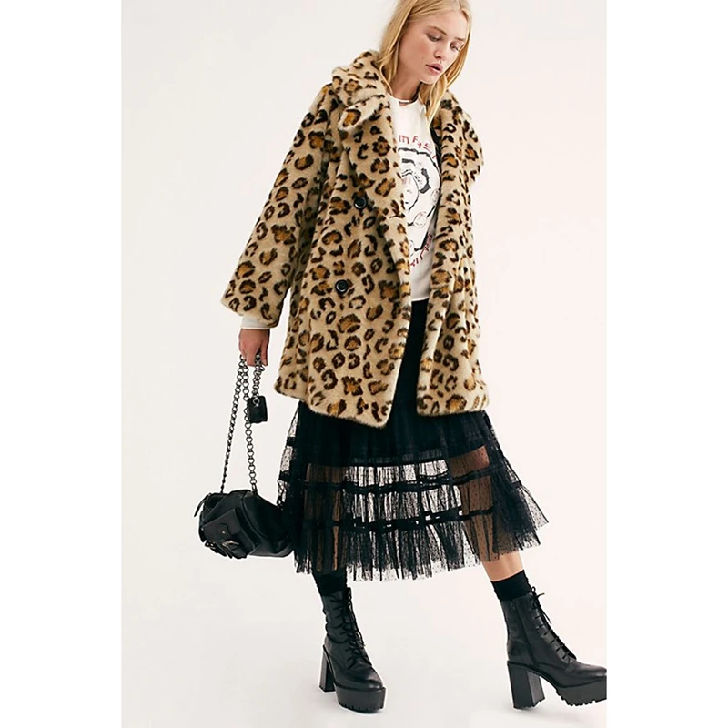 

Women's Coat Autumn and Winter Loose Lapel Leopard Coat Leopard Print