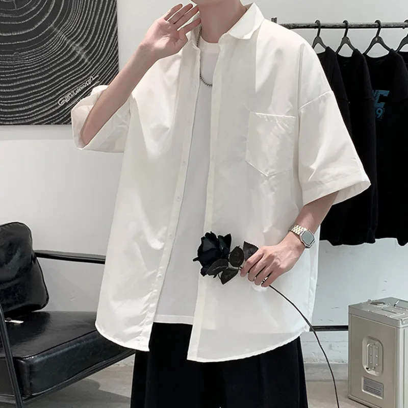 Summer Short Sleeve Shirt Men's Fashion Black Gray Green Casual Shirt Men Streetwear Korean Loose Pocket Dress Shirts Mens M-2XL