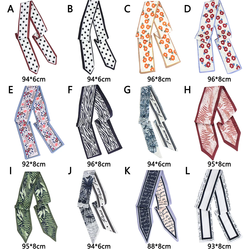 

Women Summer Narrow Long Scarf 96x8cm Chic French Gentle Elegant Chiffon Silk Tie Letter Print Bag Ribbon Headband Choker