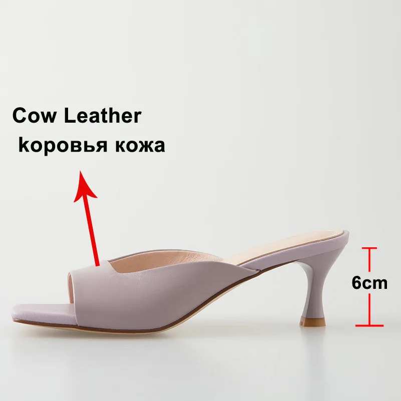 

FOREADA Woman Slides Natural Genuine Leather High Heels Square Toe Slippers Shallow Thin Heel Shoes Casual Ladies Sandals Beige
