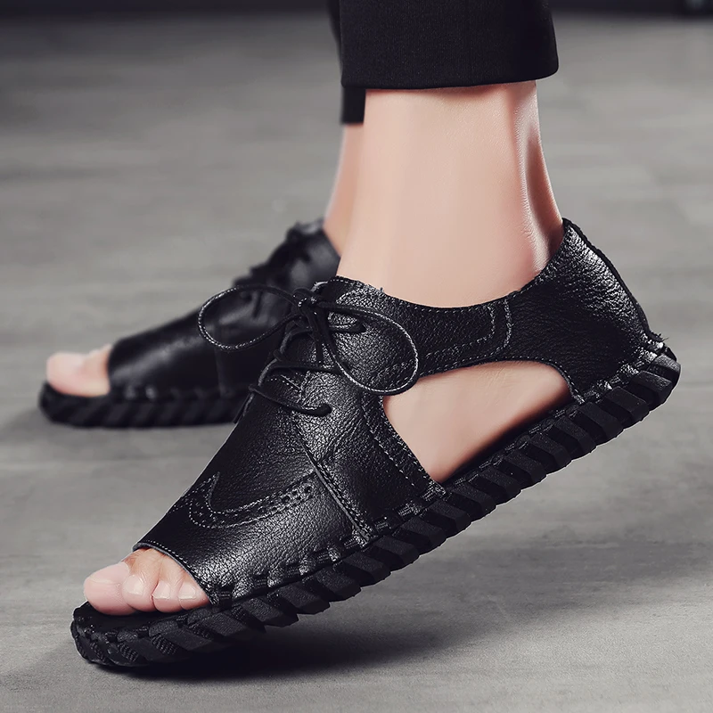 

CYYTL 2020 Summer New Sandals Men Soft Leather Lace-up Shoes Comfortable Outdoor Beach Sewing Casual Sandalias Masculina Hombre