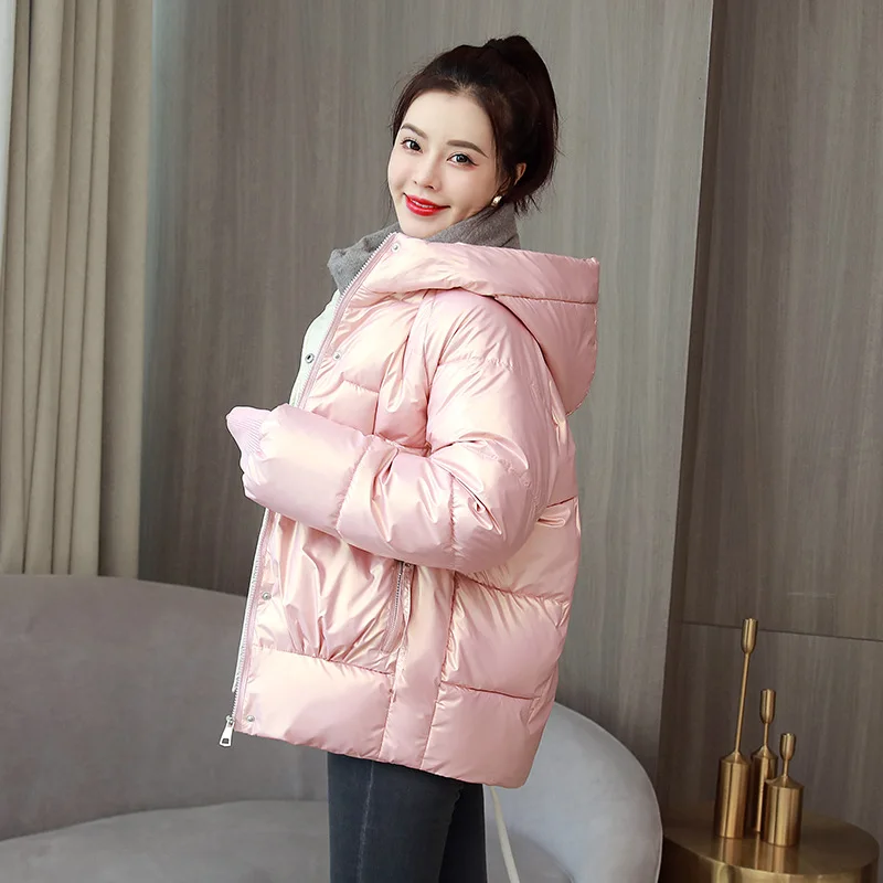 

2021 Winter Glossy Women Hooded Female Warm Thicken Down Cotton Padded Jackets Loose Oversized Bread Short Parkas Coats S239