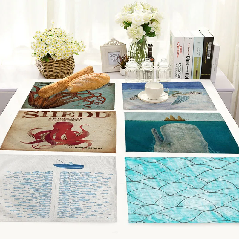 

Ocean Print Insulation Pad Solid Placemats Linen Non Slip Table Mats Kitchen Accessories Decoration Home Western Placemat