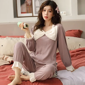 Осенняя Трикотажная хлопковая женская пижама, комплект с длинным рукавом, милая одежда для сна, свободная мягкая женская домашняя одежда