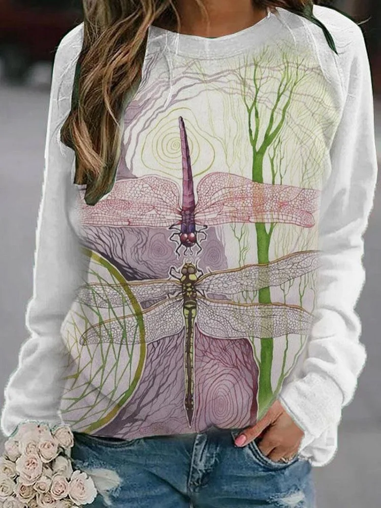

Autumn Winter Pullover Female 2021 New Fashion Casual Long-Sleeve O-Neck Sweatshirts Tops Dragonfly Printed Women's Clothes