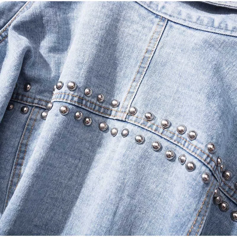

Women's Denim Jacket Streetwear Loose Oversize Coat Ripped Studded Rivet Jeans Jackets Holes Casual Outerwear Plus Size XL-5XL