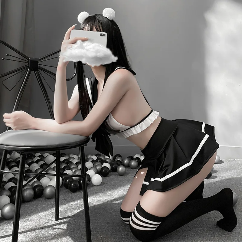 3Pcs Backless V Neck Women JK Schoolgirl Uniform Bow Sailor Collar Hollow Erotic Costumes High Waist Pleated Mini Skirt Cosplay |