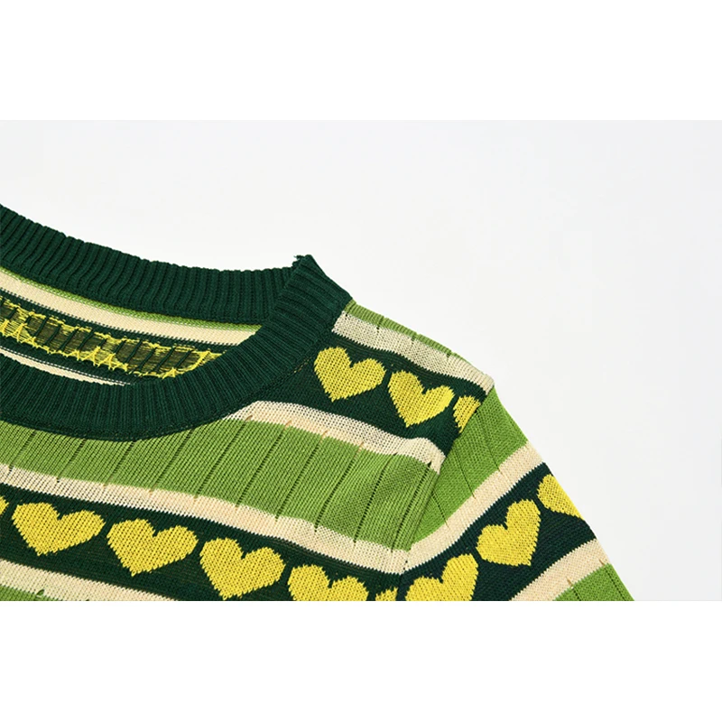 Vintage Women Crop Tops Green Knitted Summer O Neck Short Sleeve Love Pattern Casual Female Slim Knit Top Cropped Tees | Женская одежда