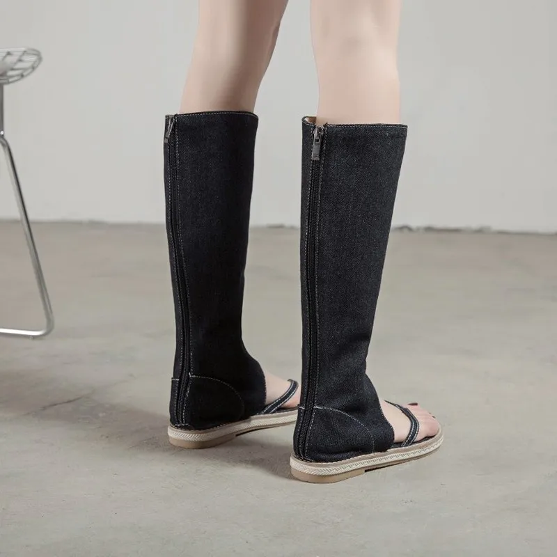 Женские сандалии на плоской подошве Пляжная обувь Джинсовые летние сапоги