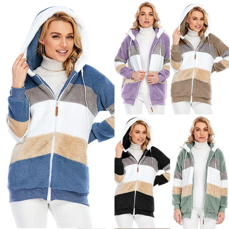 

2021 new autumn and winter loose plush multicolor hooded jacket women