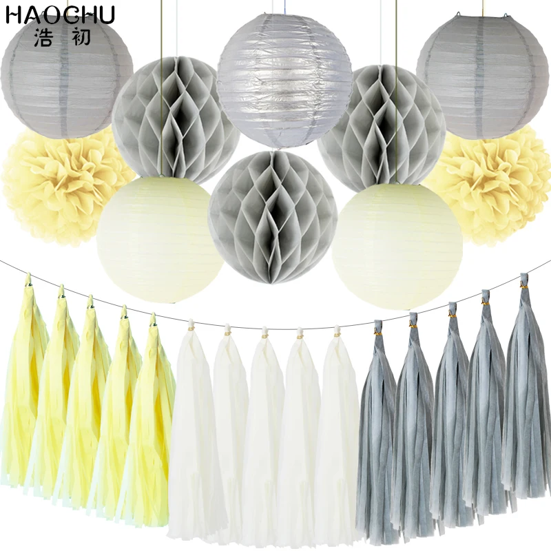 25pcs/set Gold White Round Hanging Paper Ball Lanterns Honeycomb Tissue Pom Poms Tassel Birthday Wedding Theme Party Decorations