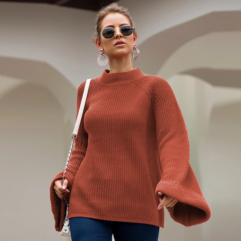 TWOTWINSTYLE однотонный Свободный вязаный женский свитер водолазка с расклешенными рукавами пуловеры негабаритные свитера женские осень