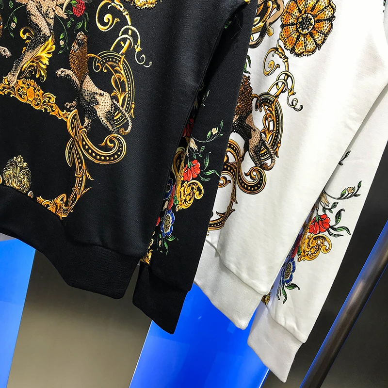 

European station fashion 2020 heavy industry digital direct jet printing hot drill round neck slim long sleeve sweater T-shirt