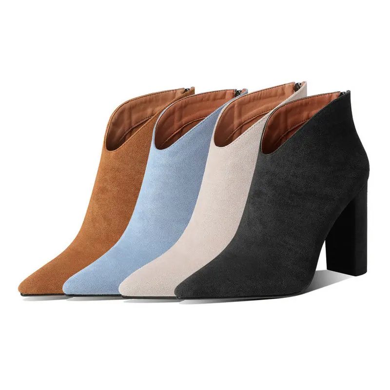 

Women Suede Autumn Winter Ankle Boots Fashion Zipper Square High Heel Westren Boots Ladies Pointed Toe Shoes Big Size 42 43