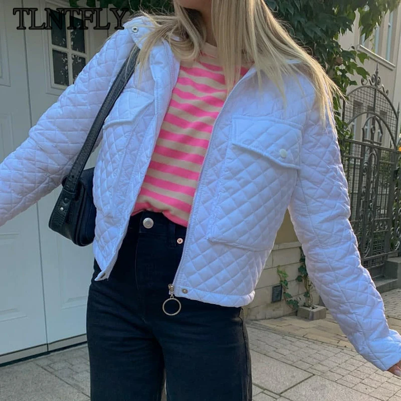 

TLNTFLY Slim Zipper Pocket Press Line Check Cotton Clothes Coats 2021 Winter Hoodless Lapel Long Sleeve Sexy Fashion Short Coat