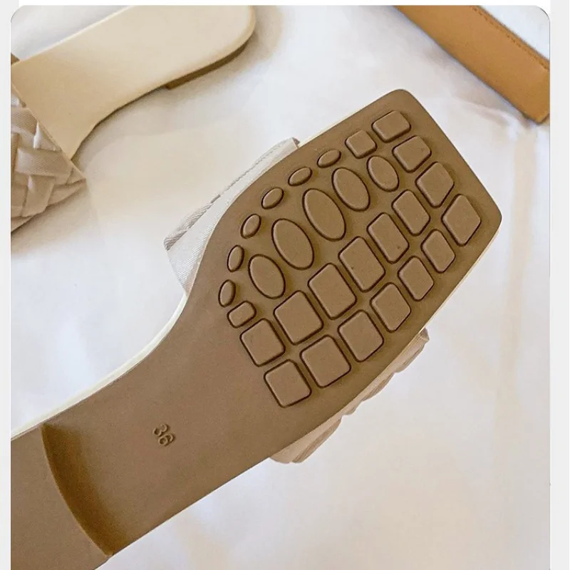 

Weave Slippers Women Square Toe Flat Casual Shoes Comfortable beach Ladies sandal Slides Summer Flip Flop Outdoor Wear Big size