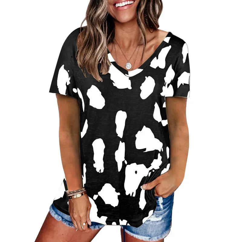 

Woman Tshirts Leopard Print Ladies T-Shirt 2021 Short Sleeve V-Neck Tops Women Shirts Casual