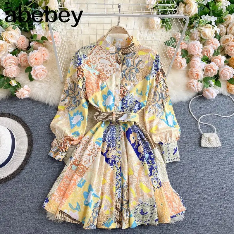 

Women's Dress Autumn New Elegant Stand Collar Sashes Slim Short Retro Printed Court Style Mini Female Vestidos PL540