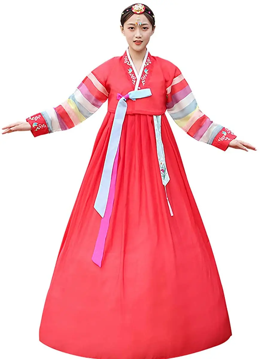 

Korean Hanbok Embroidery for Women Traditional Colored Stitching Sleeves Hanbok Costume Set(top+Dress) Performance Clothing