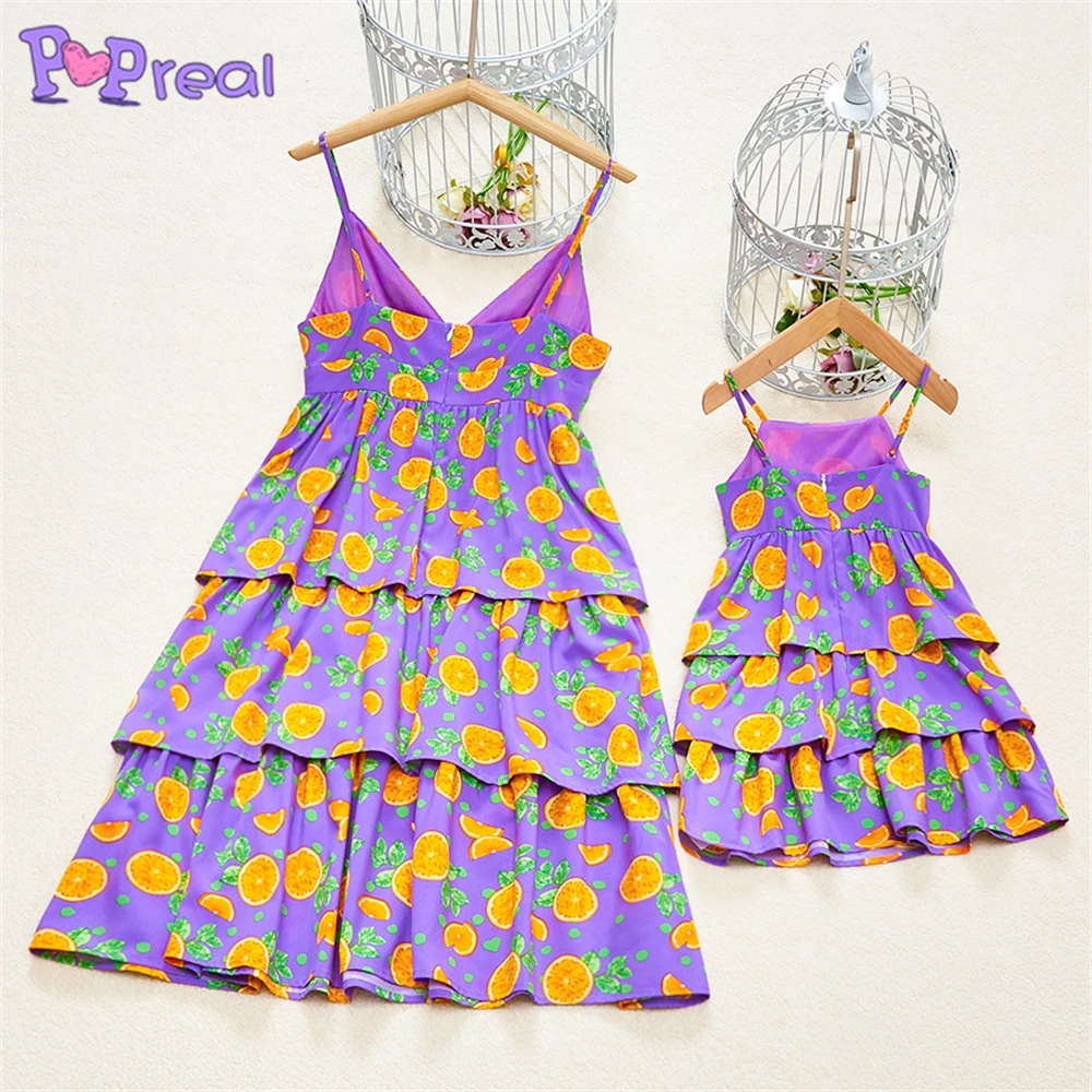 

PopReal Summer V-Neck Sling Fruit Print Cupcake Dress Mommy And Me Dress Girl Clothes Mom And Daughter Matching Dresses