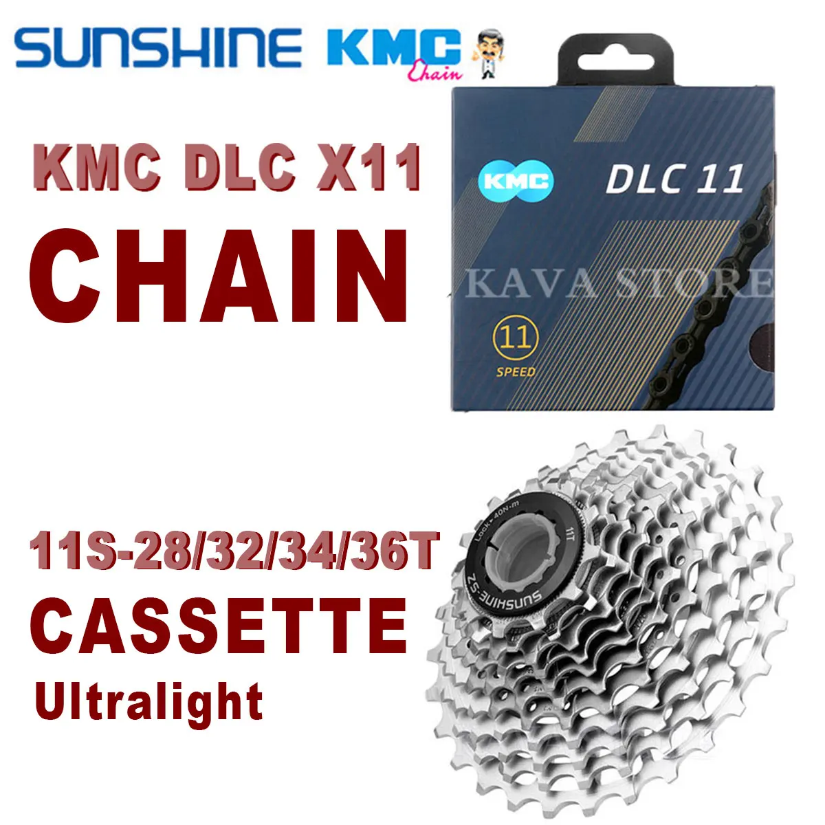 

KMC DLC 11 Speed Chain Road Bike Chain Ultralight 116/118 Links 11V Bicycle Cassette Sunshine 28T/32T/34T/36T 11S K7 for Shimano