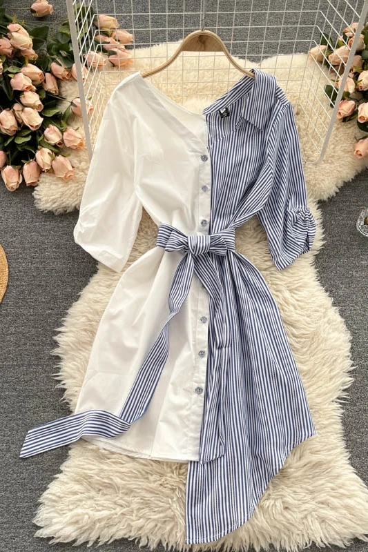 

ZQLZ V-Neck High Waist Patchwork Summer Dress Women Half Sleeve Irregular Striped Midi Vestidos New Fashion Plus Size Dresses