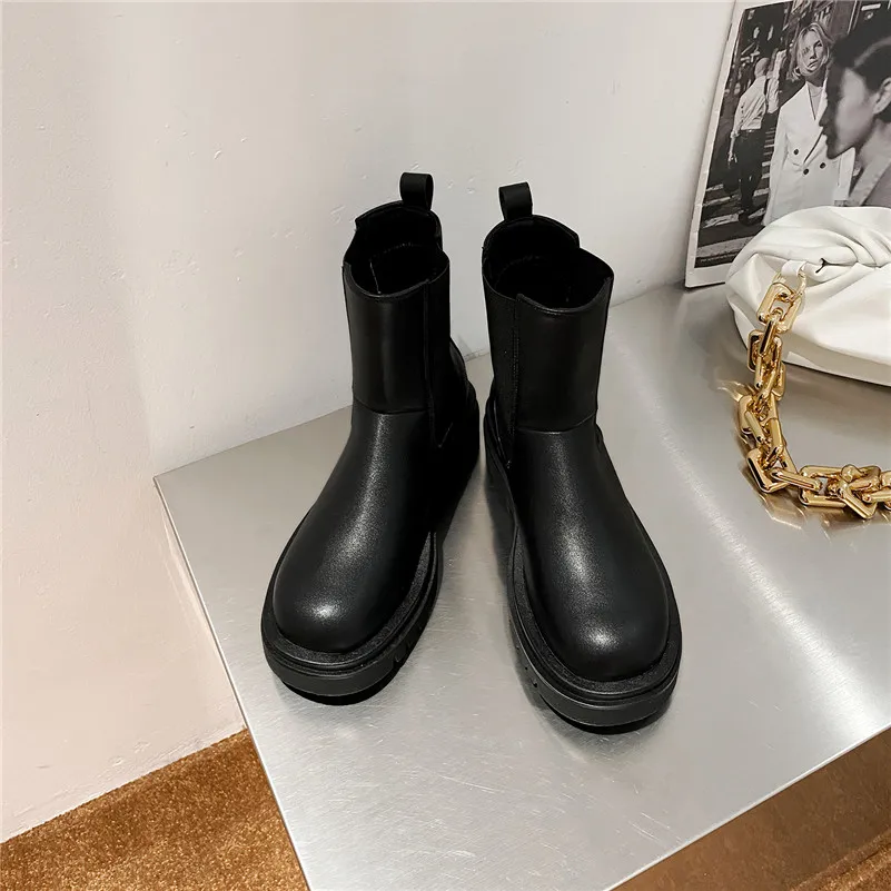 

Meotina Women Chelsea Boots Shoes Platform High Heel Short Boots Thick Heels Slip On Ankle Boots Female Autumn Winter Brown 43