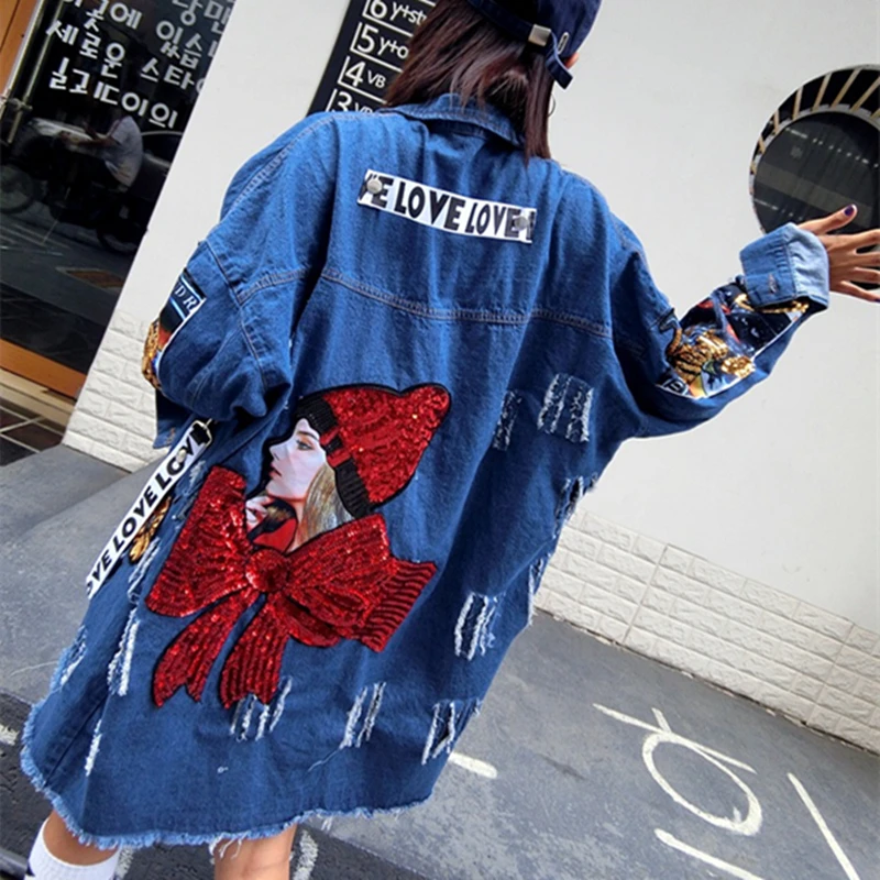 

Женская длинная джинсовая ветровка в стиле Харадзюку, Тренч с открытыми стежками и рваными дырками, верхняя одежда с блестками, HF371, 2020