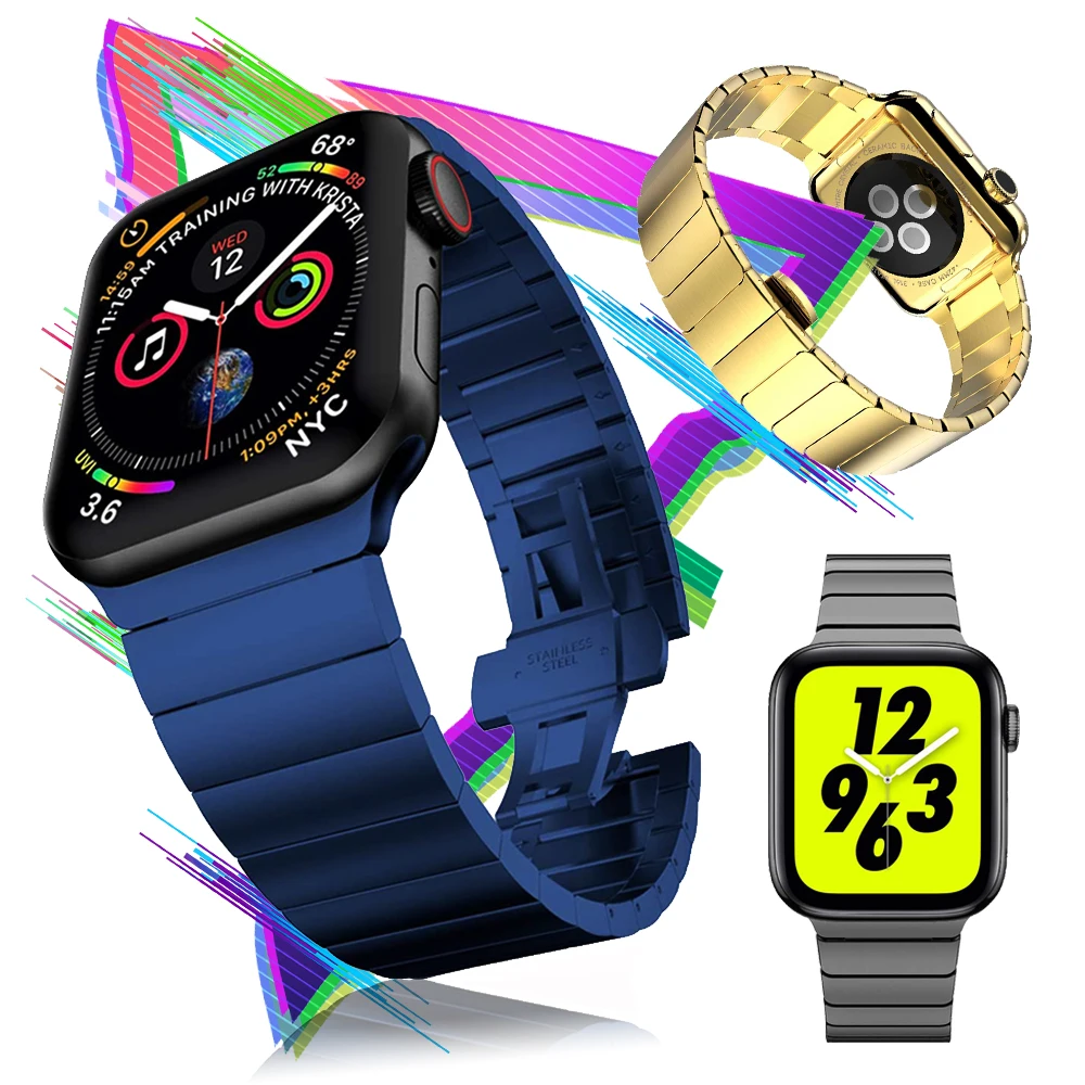 Ремешок из нержавеющей стали для Apple Watch Series 6 SE 5 4 3 40 мм 44 мужской сменный синий