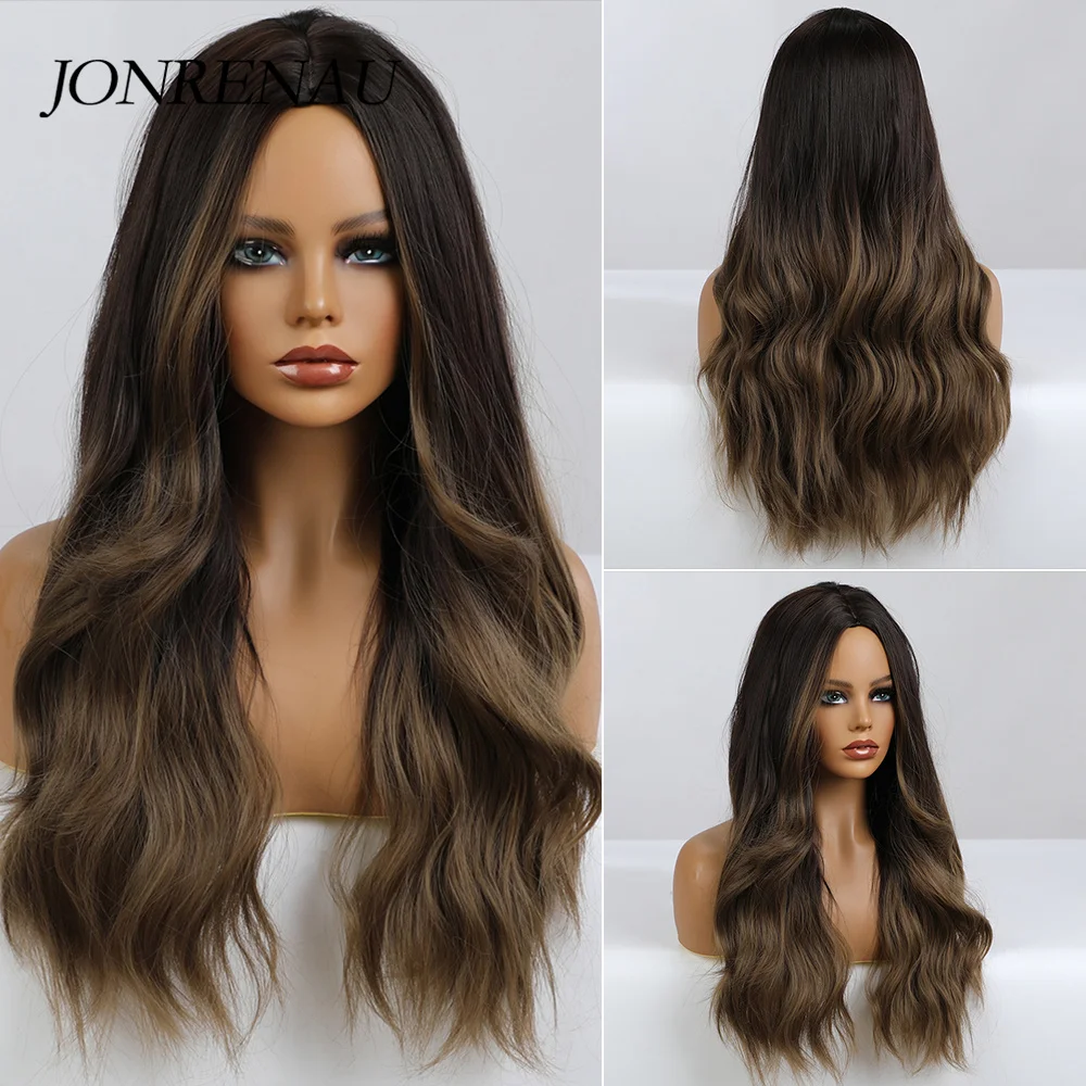 

JONRENAU Long Wavy Dark Root Ombre Brown Synthetic Wigs for Women Heat Resistant Natural Middle Part Cosplay Party Hair Wig