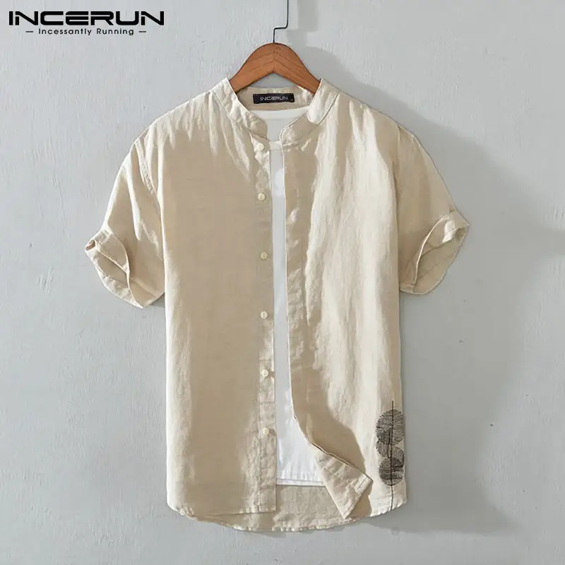 

INCERUN мужская хлопковая рубашка со стоячим воротником вышитая футболка с короткими рукавами в уличном стиле с пуговицами в стиле Харадзюку ...