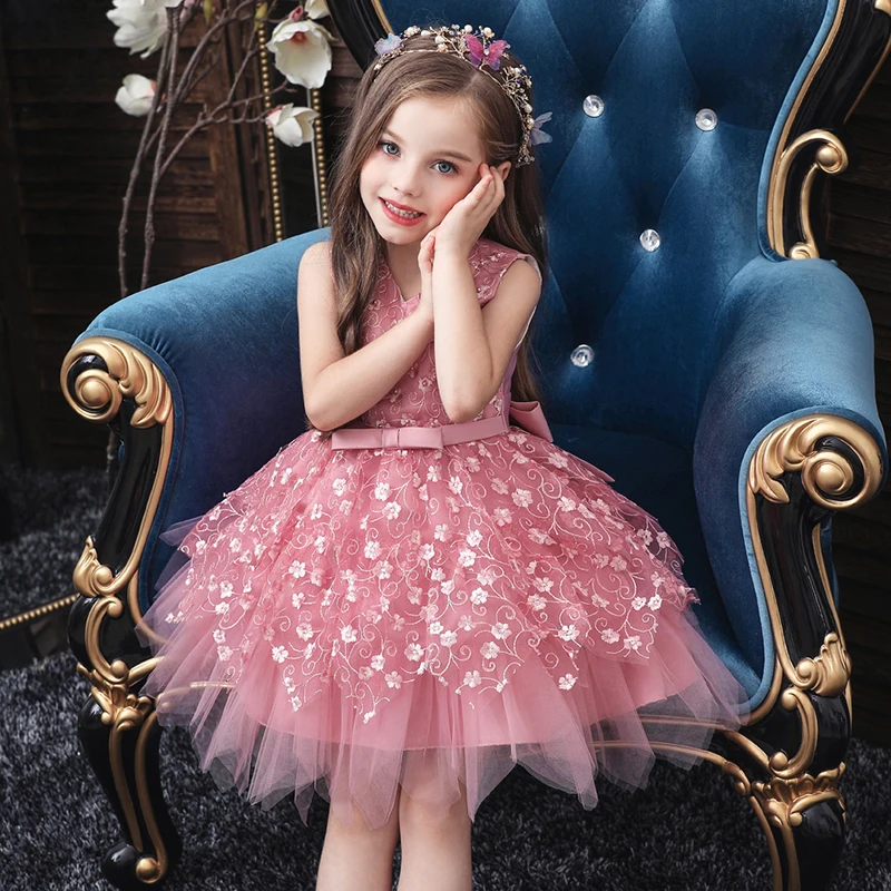 Свадебные платья для девочек Сетчатое платье-пачка с бантом и цветочным узором