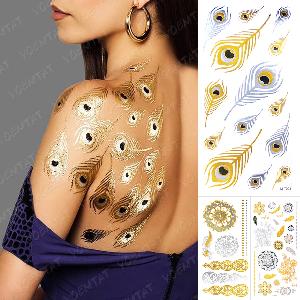 

Waterproof Temporary Tattoo Sticker Peacock Feather Gold Silver Metallic Flash Tatoo Henna Mandala Glitter Bracelet Body Art