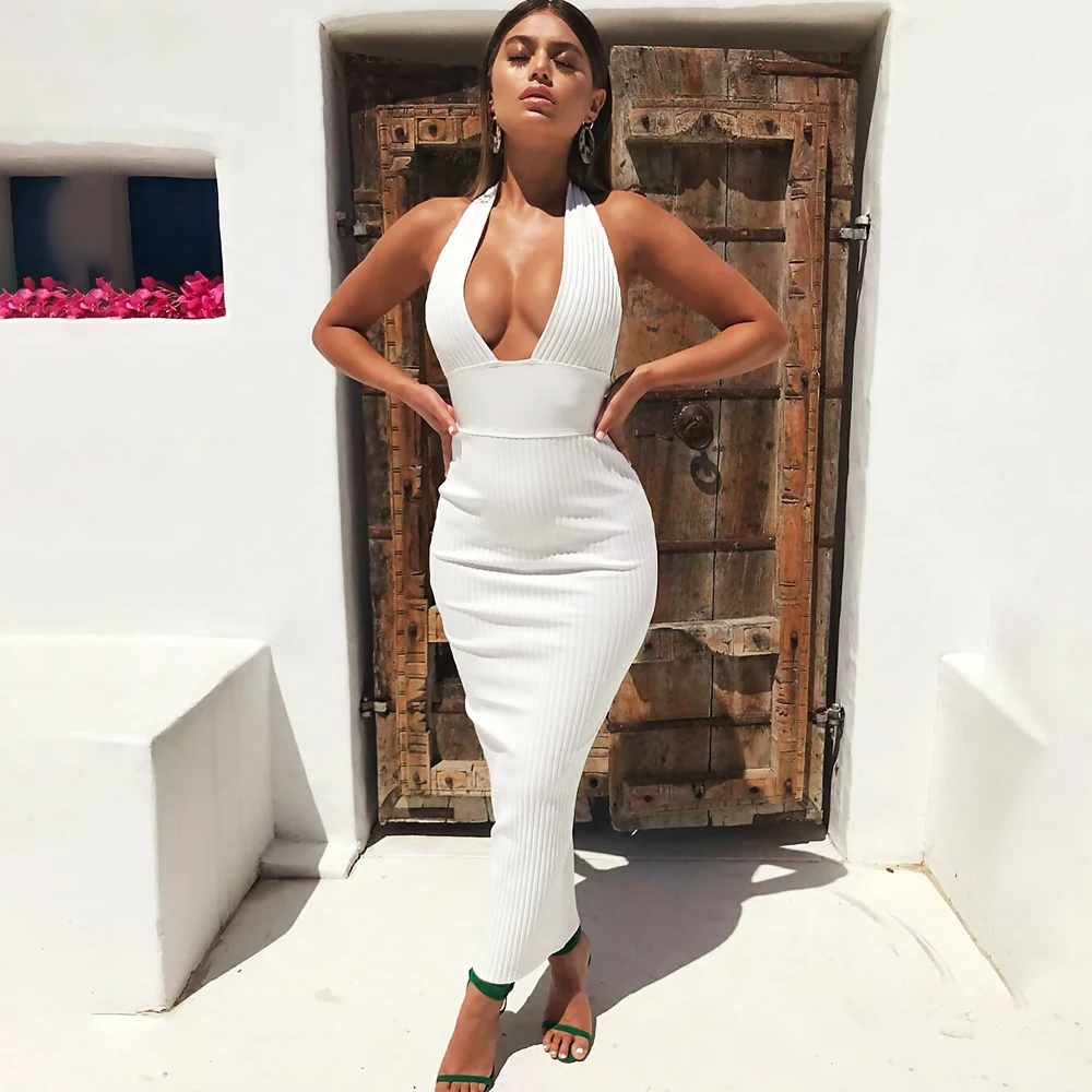 

2019 сексуальное женское вечернее платье средней длины с глубоким V-образным вырезом, лямкой на шее и открытой спиной