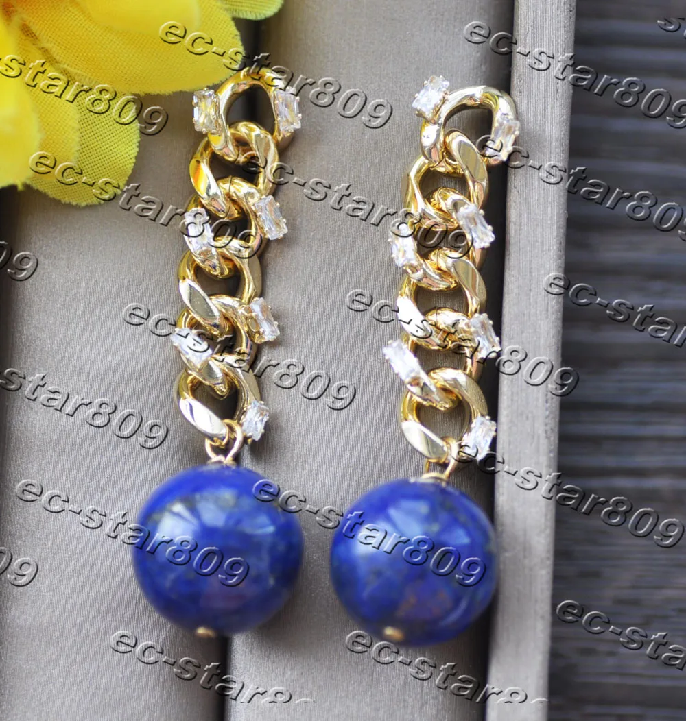 

Z11262 16mm Blue Round Lapis Lazuli Gold-Plating Chain Dangle Earring CZ Woman Fine Jewelry